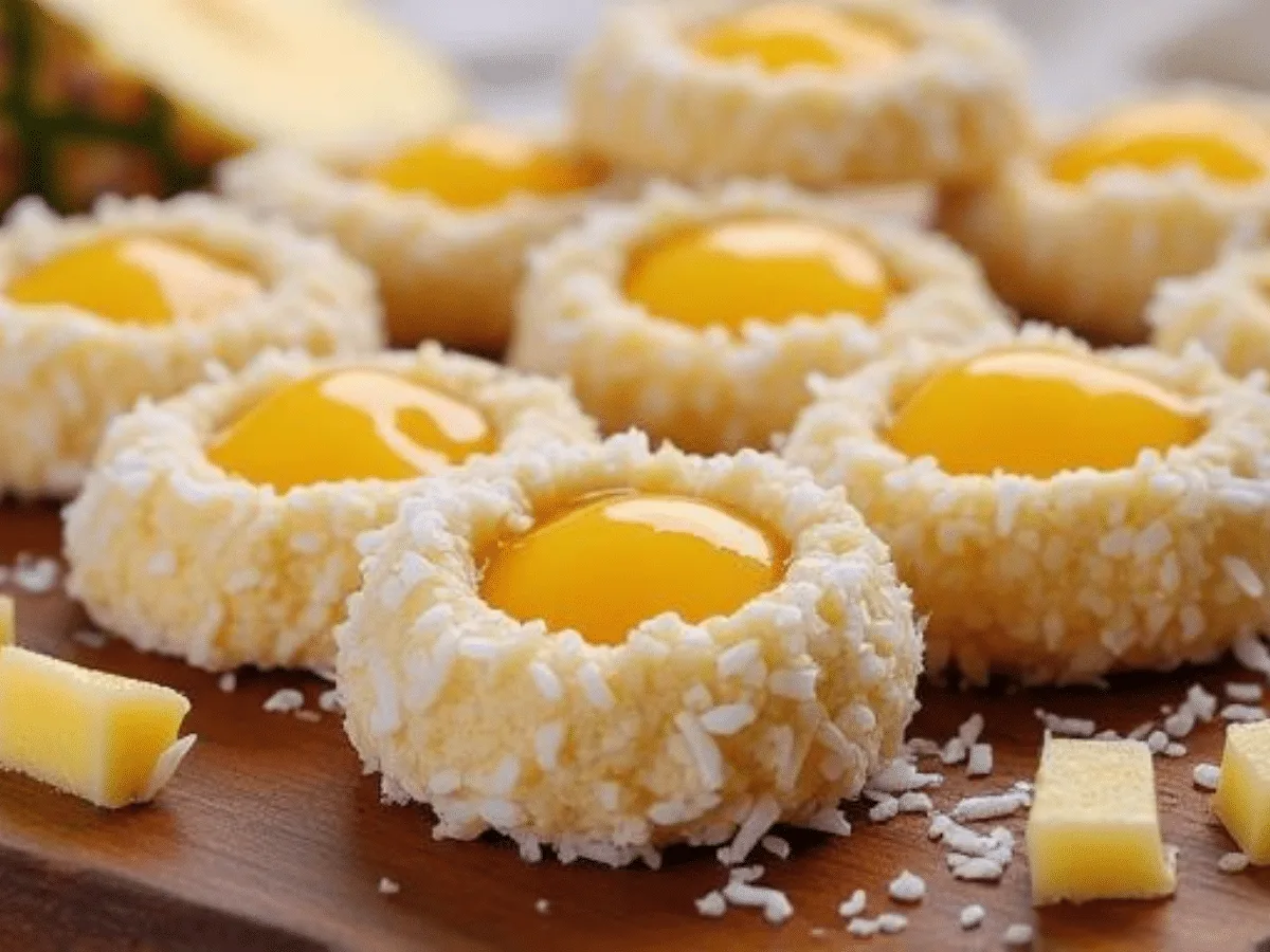 V1: Alt: Tropical Pineapple Coconut Thumbprint Cookie feature image.