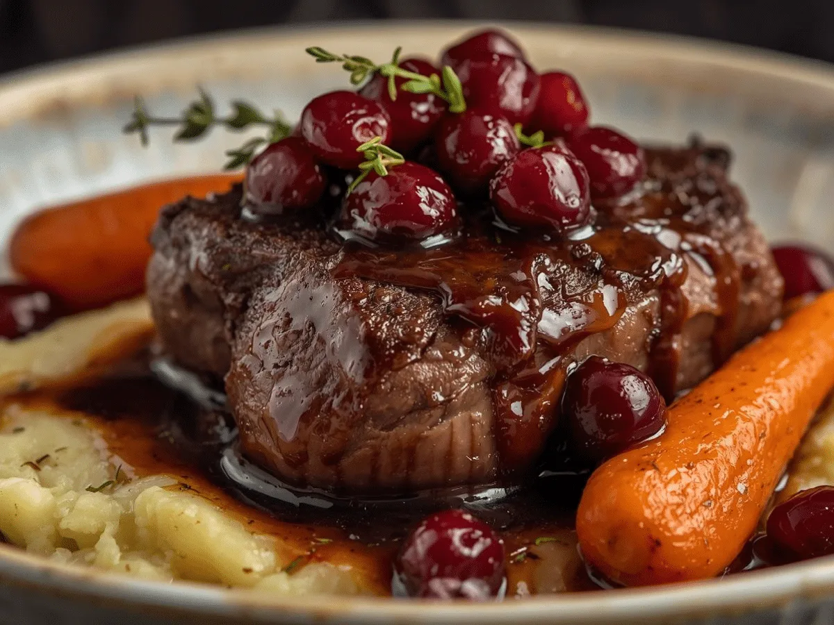 Alt Text: Sliced Slow-Braised Beef Roast with Cranberry Balsamic Glaze on a serving platter.