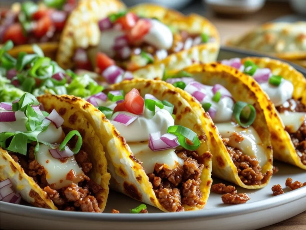 Close-up of Oven Baked Cheesy Tacos with savory beef and melted cheese, highlighting flavorful recipes and quick meals for busy families.