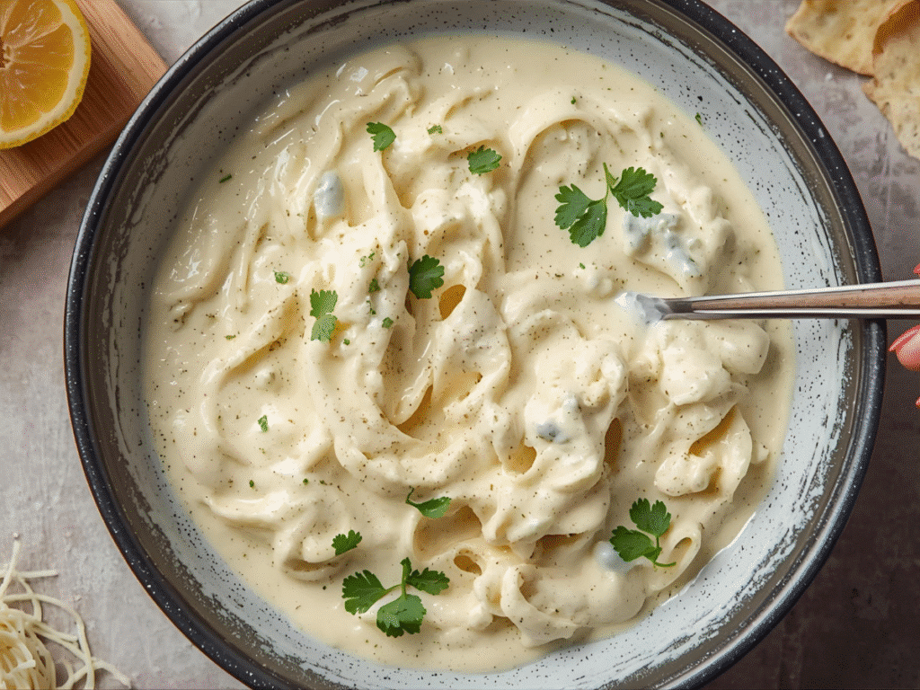 Whisk stirring rich Alfredo Sauce Recipe Homemade in a saucepan.