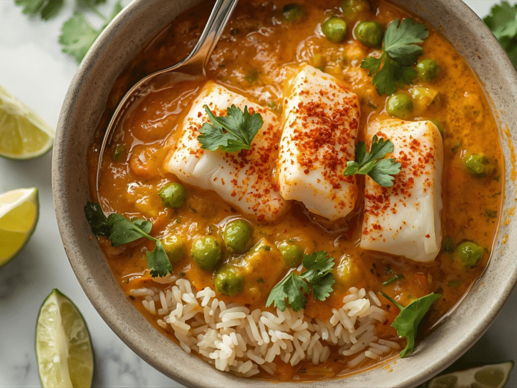 | Alt: Creamy Moqueca bowl with cilantro and lime wedges. |