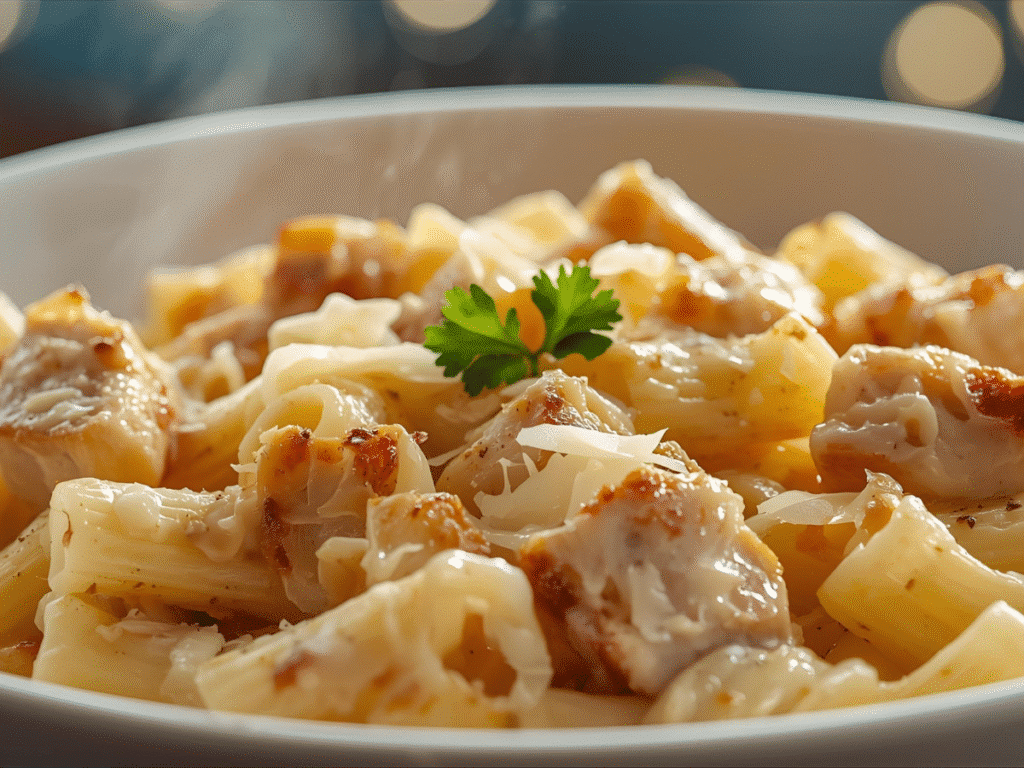 Fork lifting cheesy chicken rigatoni pasta,