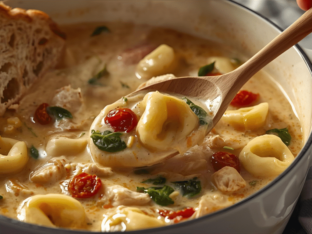 Alt Text: Spoonful of Marry Me Tortellini Soup with chicken and spinach. 