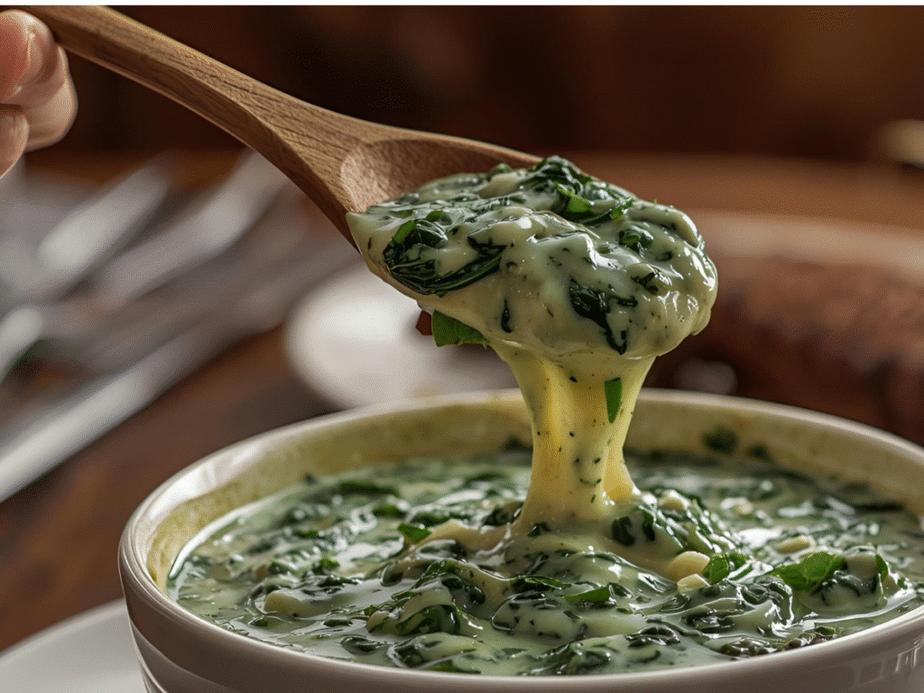 Spoon lifting cheesy creamed spinach from a cast iron skillet.