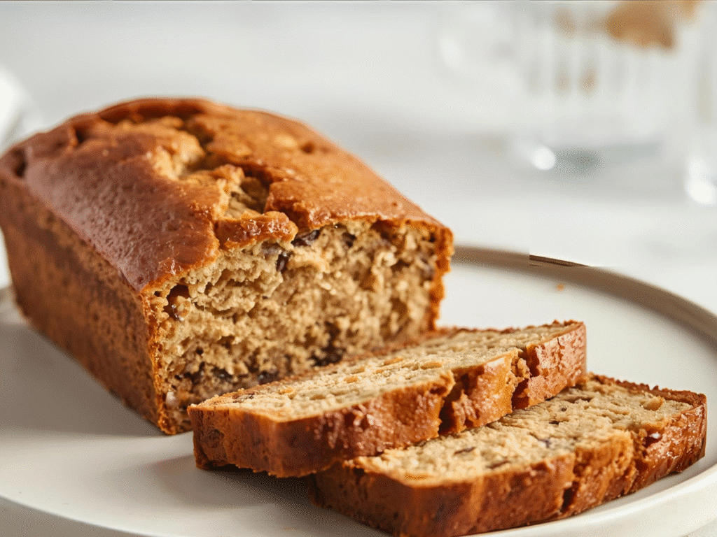 Moist Protein Banana Bread loaf sliced on a wooden board with Overripe Bananas and a protein scoop in the background.