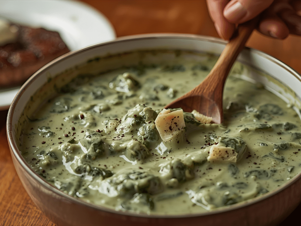 A white ceramic bowl filled with creamed spinach garnished with parmesan cheese, perfect for a Holiday Dinner or Family Friendly Dinners.