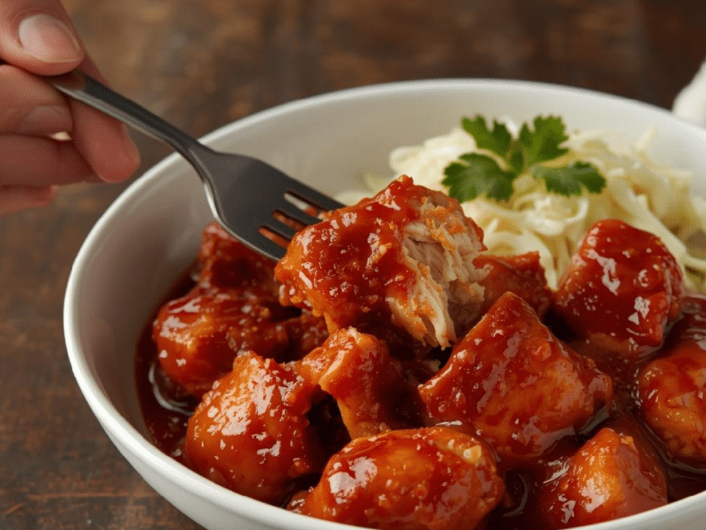 Alt Text: Best Crockpot BBQ chicken served as a hearty sandwich filling on a brioche bun.