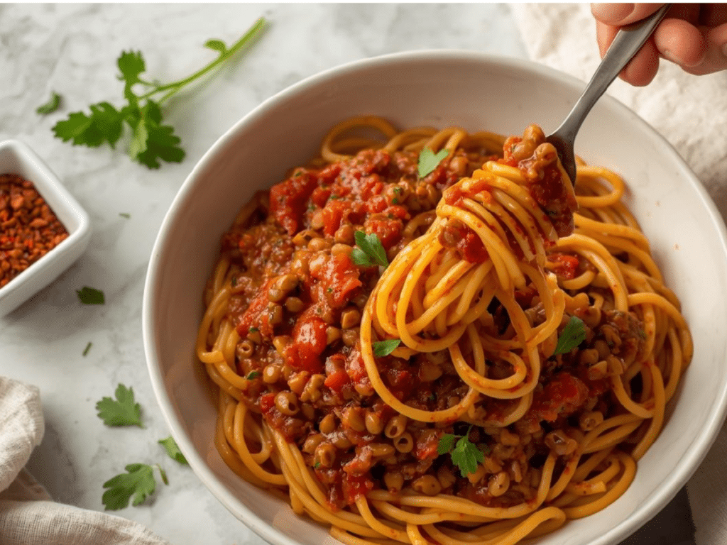 Alt Text: A steaming bowl of Lentil Bolognese Spaghetti Dish on a rustic wooden table with a side of garlic bread.