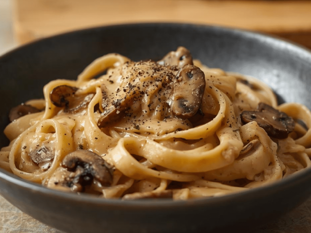 Alt Text: Gourmet Mushroom Truffle Pasta topped with a rich Gorgonzola cheese sauce and sliced brown mushrooms in a rustic bowl.