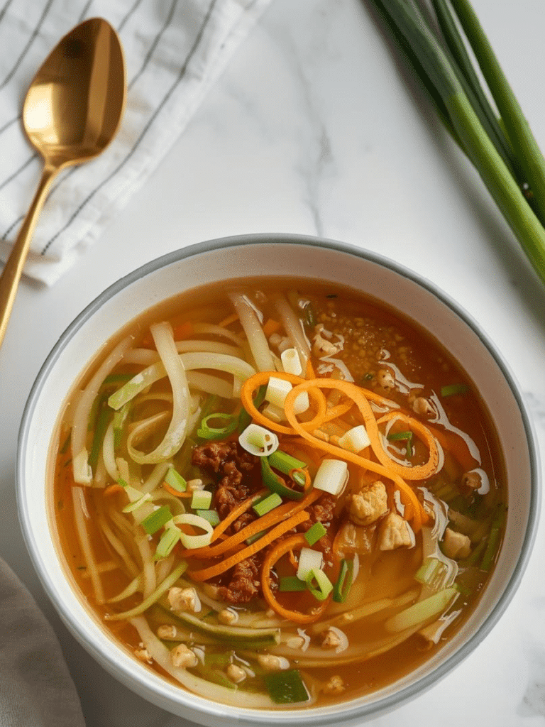Alt Text: Close-up of Keto Egg Roll Soup with Coleslaw Mix, shredded carrot, and fresh ginger in a white ceramic bowl, showcasing a hearty texture.