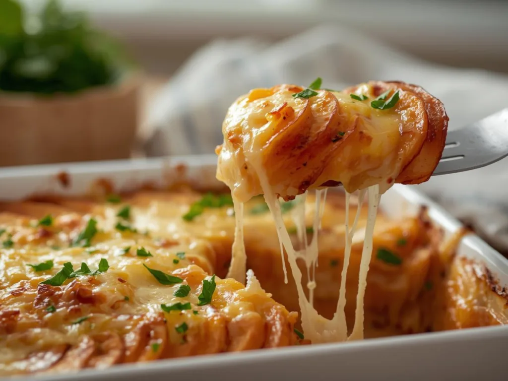 A festive serving of Garlic Scalloped Sweet Potatoes garnished with fresh thyme, perfect for a Thanksgiving or holiday gathering dinner table.