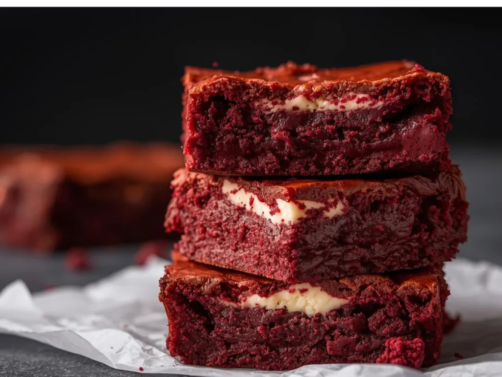 A stack of red velvet cheesecake brownies showing the intricate swirl of chocolate cheesecake brownies and a moist, brownie treats texture.
