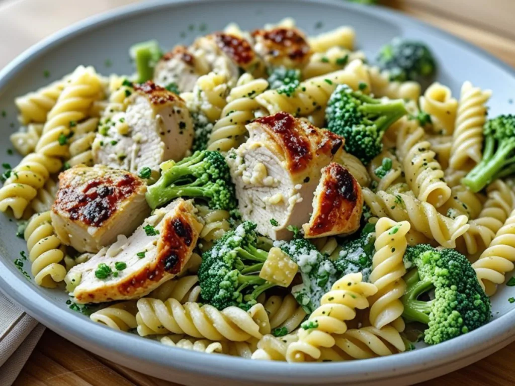 Skillet of Rotisserie Chicken Broccoli Pasta with penne and vibrant green broccoli florets.