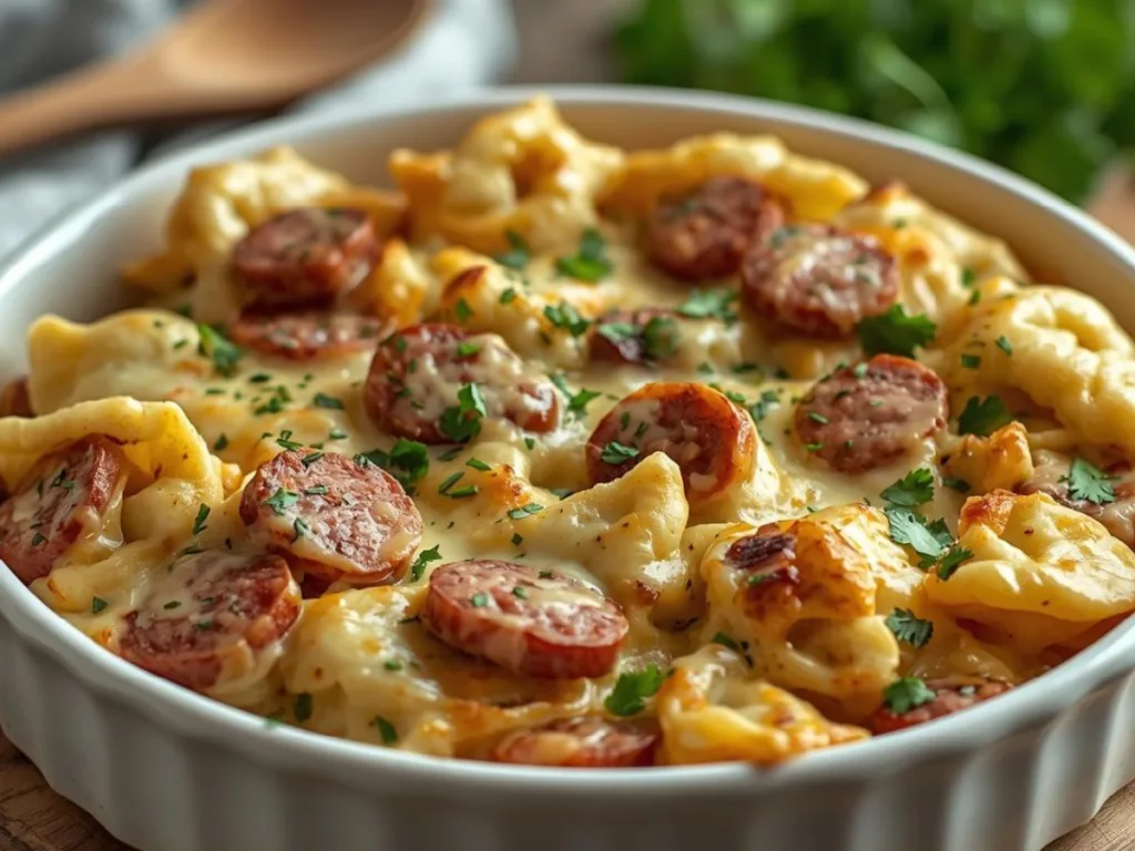 Cheesy Slow Cooker Pierogi Casserole topped with fresh green onions.