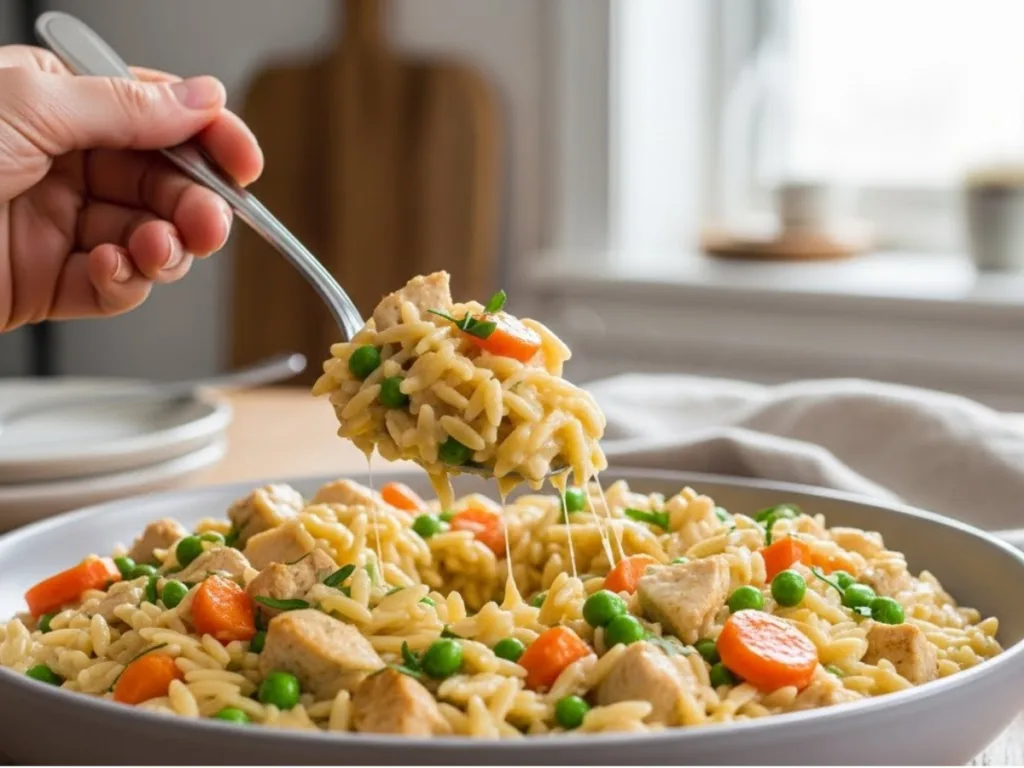 Alt Text: Homemade Cozy Chicken Pot Pie Orzo with fresh thyme; 