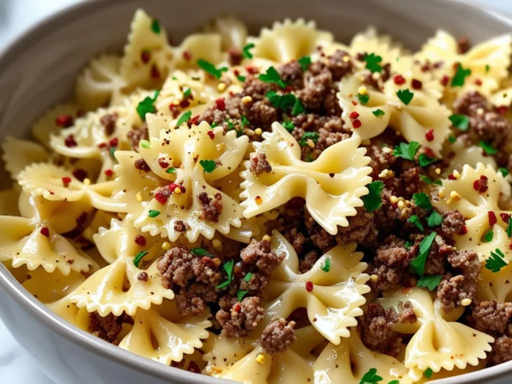 Savory garlic butter beef bowtie pasta with parmesan.