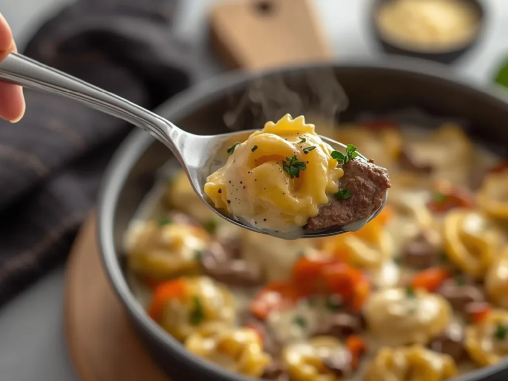 Top view of Philly Cheesesteak Tortellini Pasta in a cast iron skillet with vibrant sautéed vegetables.