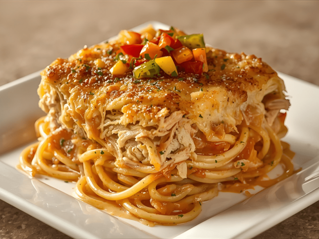 A serving of Spicy Southern Cheesy Chicken Spaghetti Casserole being scooped out of a Large Casserole Dish, illustrating the creamy sauce and tender chicken.