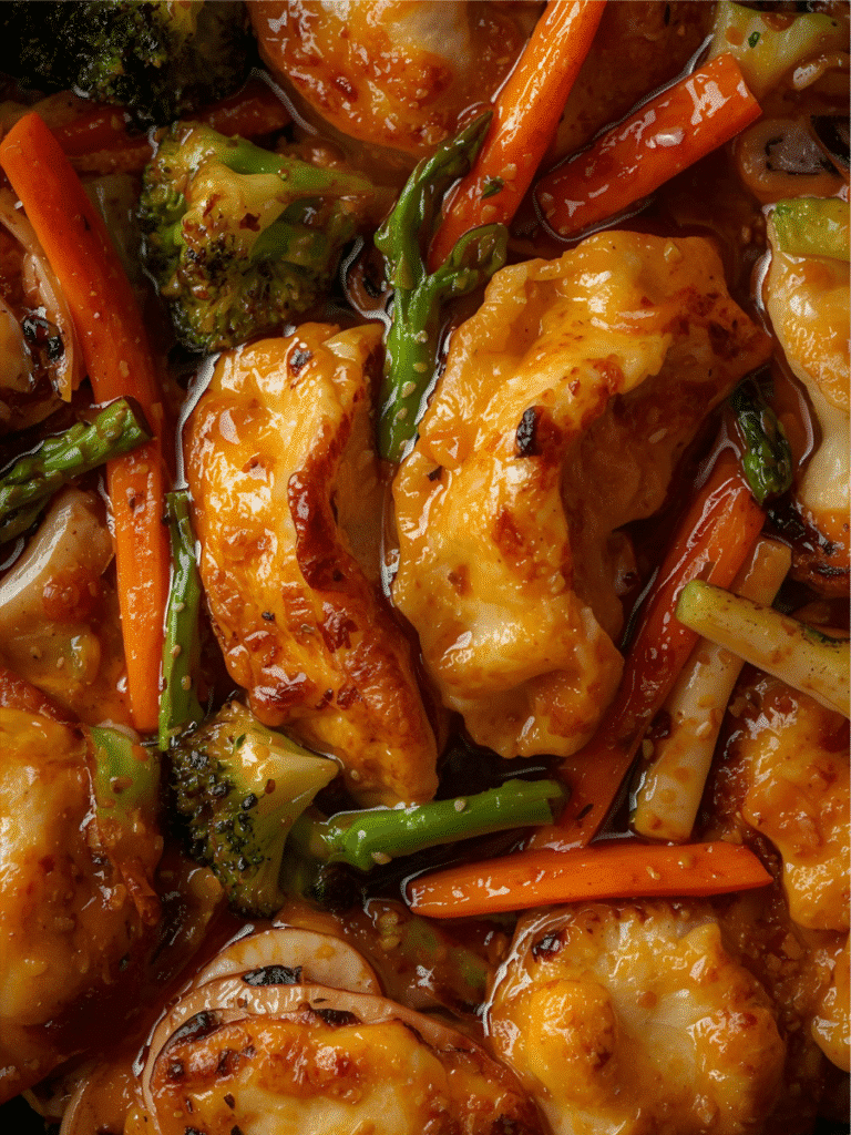 Platter of Vegetable Potsticker Stir Fry ready to serve.