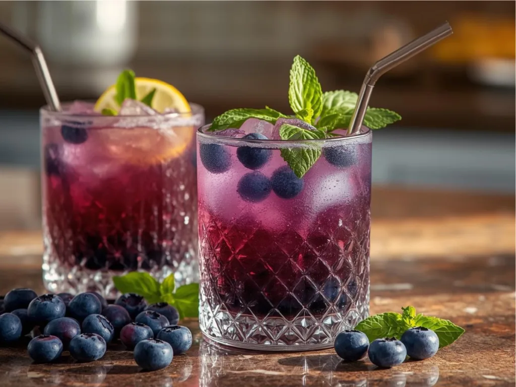 Vibrant Blueberry Basil Lemon Lavender Mocktail with ice.