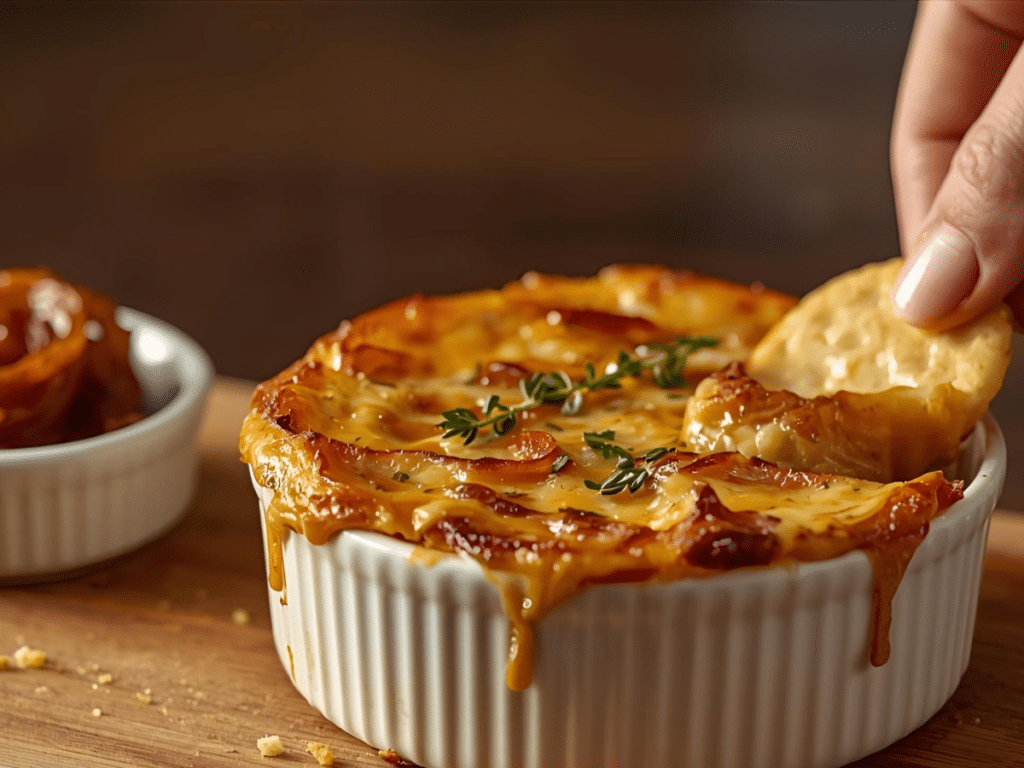 Alt Text: A wooden serving board featuring a bowl of Smoked Gouda and Caramelized Onion Dip surrounded by crusty bread slices and fresh vegetables.