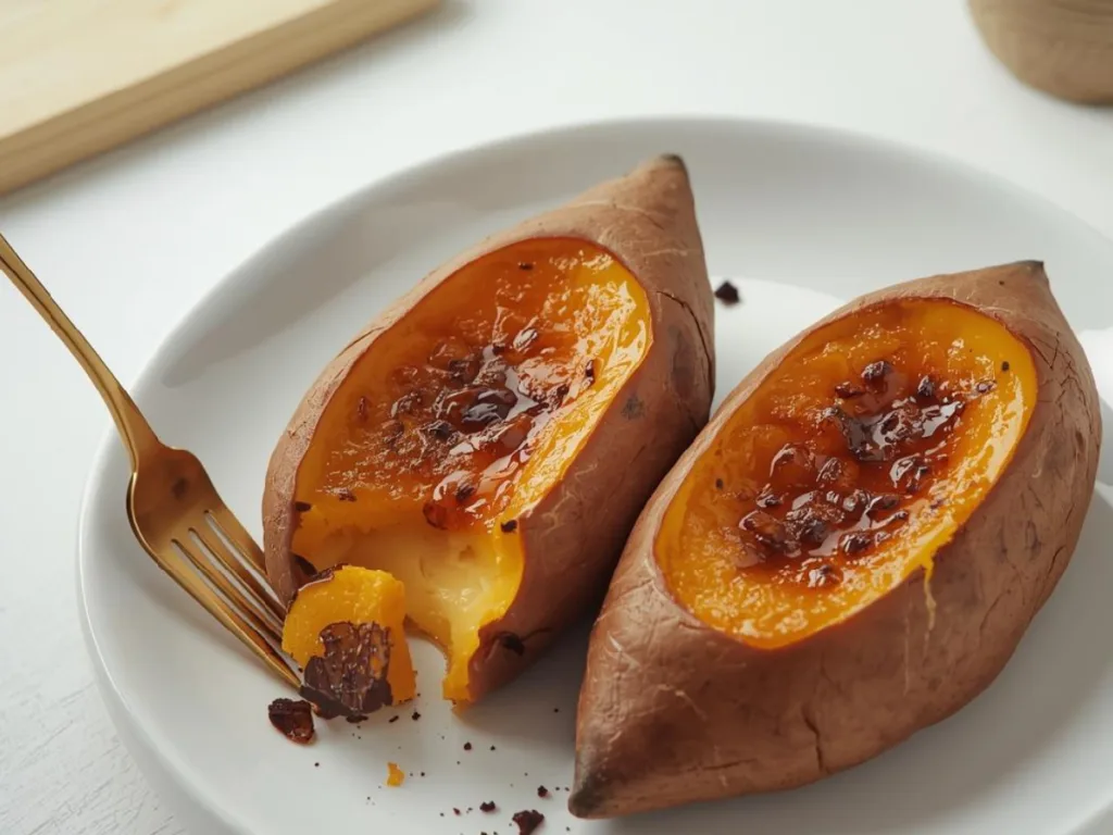 Close-up of spoon cracking the sugar on a Japanese sweet potato.