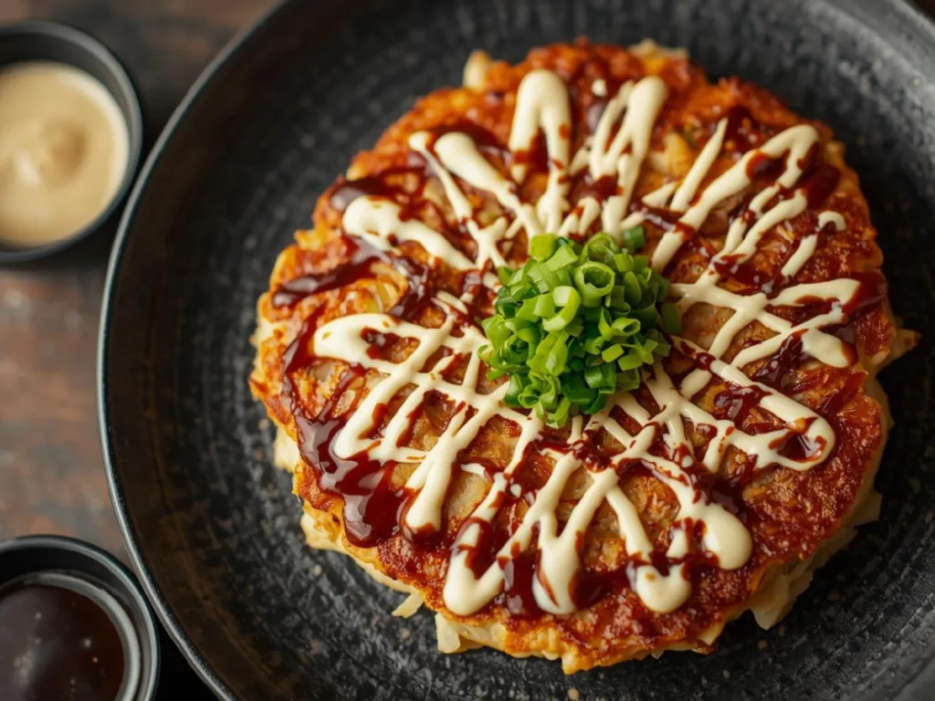 Homemade Japanese okonomiyaki with toppings.