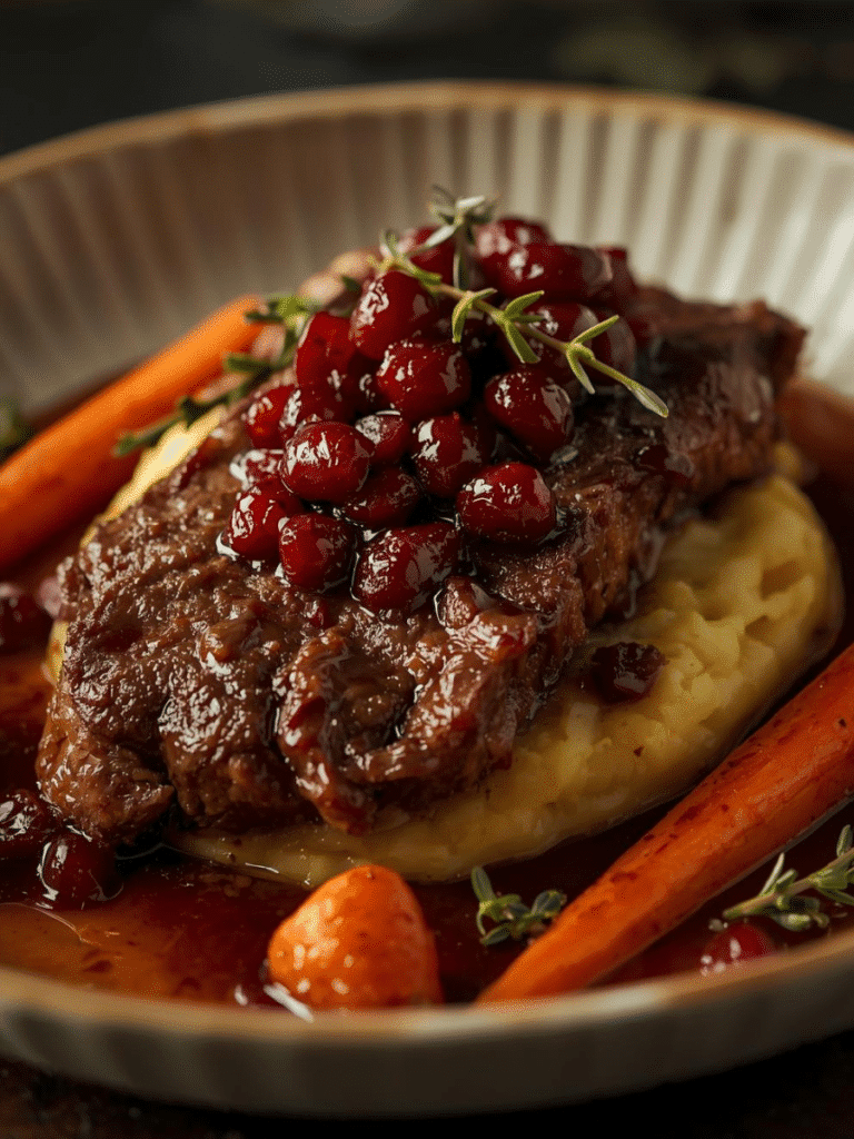 Alt Text: Close-up of Slow-Braised Beef Roast with Cranberry Balsamic Glaze and balsamic reduction.