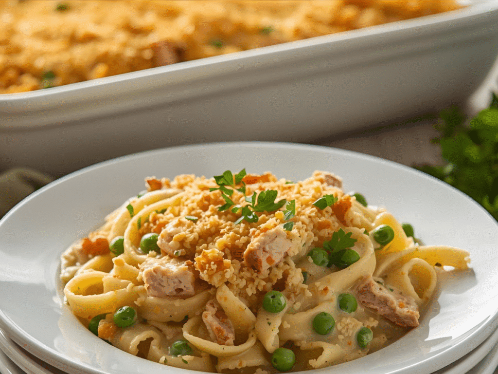 Overhead view of Tuna Casserole. 