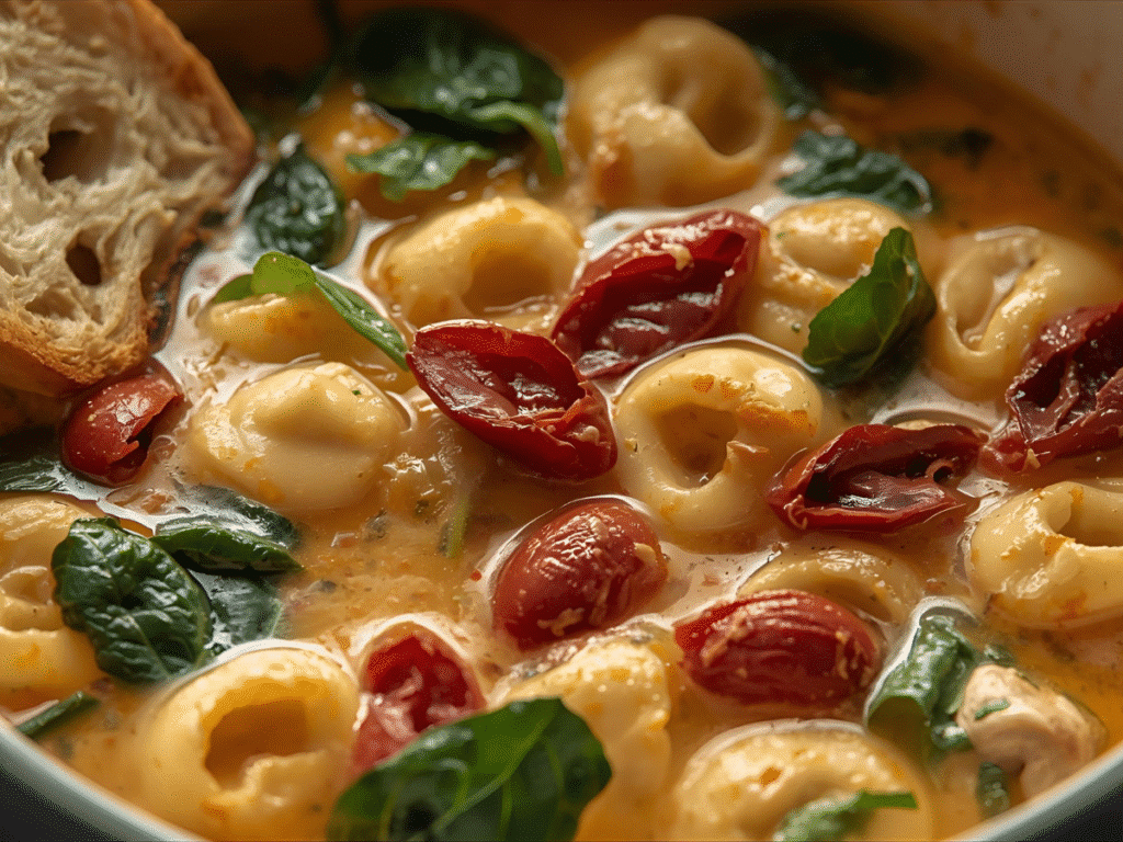 Alt Text: Golden Tuscan Chicken Tortellini Soup in a dutch oven. 