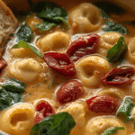 Alt Text: Golden Tuscan Chicken Tortellini Soup in a dutch oven.
