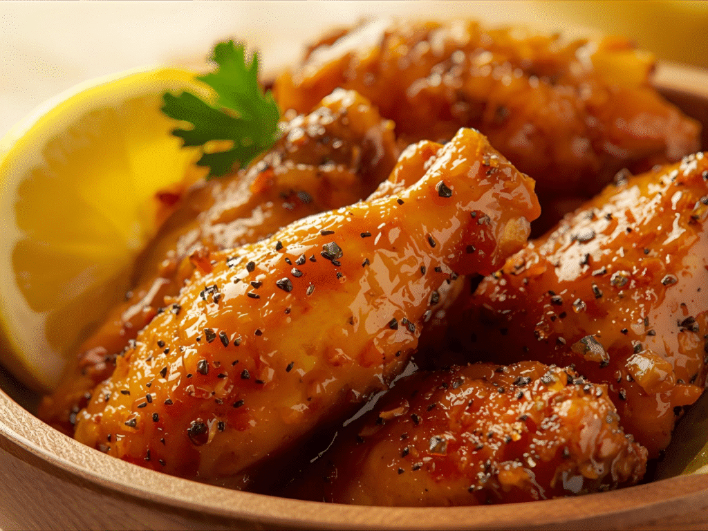 Honey Lemon Pepper Wings: honey lemon sauce over wings.