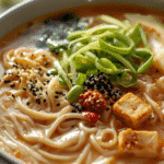 Vegetarian Miso Peanut Noodle Soup with tofu and sesame seeds.