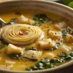 Ingredients for Tuscan Soup including artichokes, lemon, cream, and spinach.