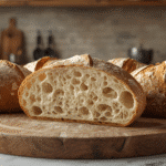 Ingredients for no-knead ciabatta bread including flour water and yeast