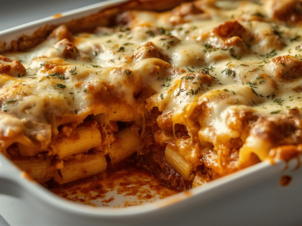 Alt Text: Cheesy baked ziti recipe ingredients including mozzarella and marinara.