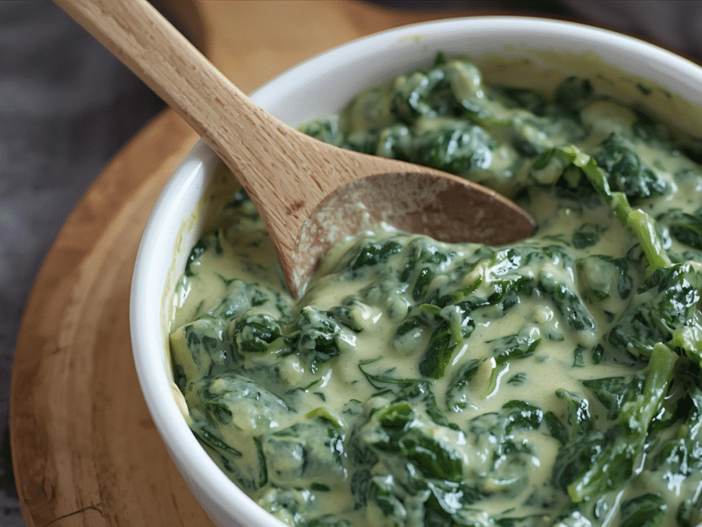  Alt: Ingredients for creamed spinach including fresh greens and cream.
