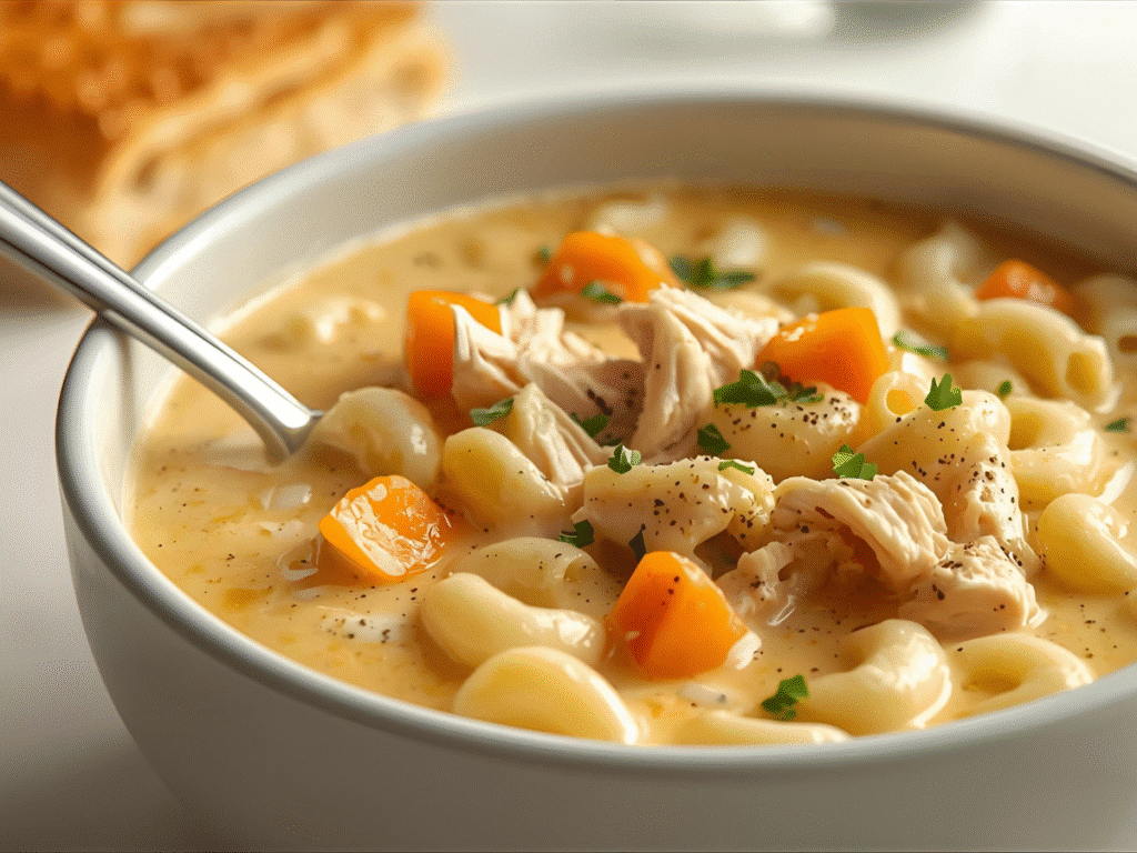 Spoonful of Creamy Chicken Soup with pasta and carrots.