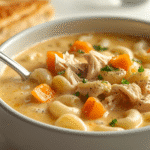 Spoonful of Creamy Chicken Soup with pasta and carrots.