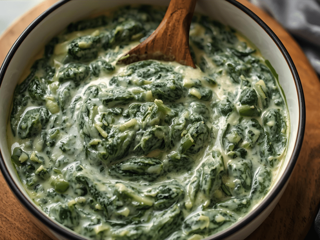 A bright and vibrant Easy Creamed Spinach Recipe being stirred in a pan, highlighting Quick & Easy Spinach Recipes for busy nights.