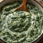 A bright and vibrant Easy Creamed Spinach Recipe being stirred in a pan, highlighting Quick & Easy Spinach Recipes for busy nights.