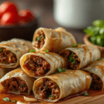 Alt Text: Quick Thai Basil Beef Rolls being dipped into a spicy Thai Chili Sauce.