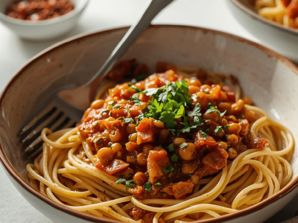 Alt Text: Top-down view of Lentil Bolognese Sauce featuring vibrant green lentils, sautéed carrots, and celery in a rich tomato sauce.