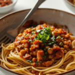 Alt Text: Top-down view of Lentil Bolognese Sauce featuring vibrant green lentils, sautéed carrots, and celery in a rich tomato sauce.