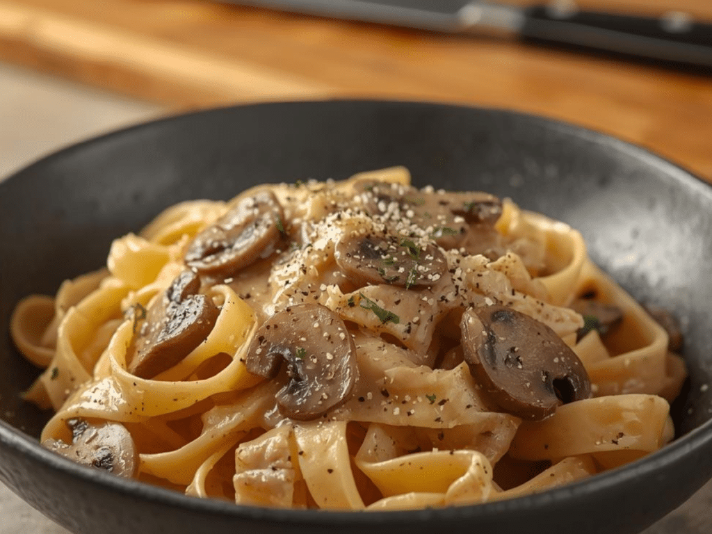 Alt Text: Steaming bowl of Italian pasta coated in a white Gorgonzola Truffle Cream Sauce with Mushroom and garnished with cracked black pepper.