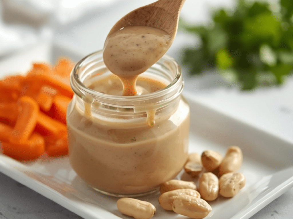 Alt Text: Gluten-free peanut sauce recipe with lime and chili flakes.