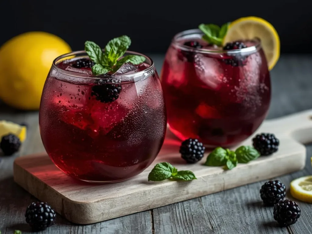 Aesthetic presentation of a Blackberry Basil Lemon Lavender Mocktail next to fresh ingredients like dried lavender buds and ripe blackberries.