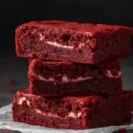 Alt Text: Overhead view of red velvet brownies on plate with milk chocolate chips, highlighting easy baking recipes desserts and a crinkle top.