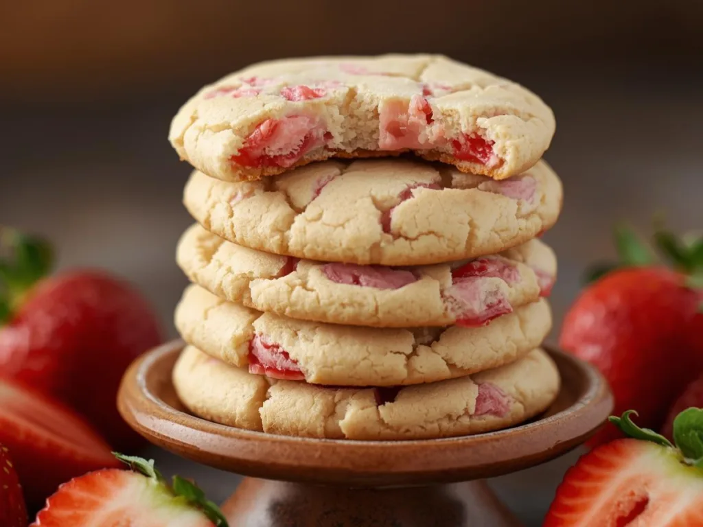 Alt Text: Homemade Strawberry Cheesecake Cookies arranged on a cooling rack, showcasing these Cute Sweets To Make for an Easy Holiday Cookies event.
