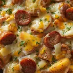 Sheet pan dinner with baby potatoes, smoked sausage slices, and melted cheddar cheese seasoned with ranch.